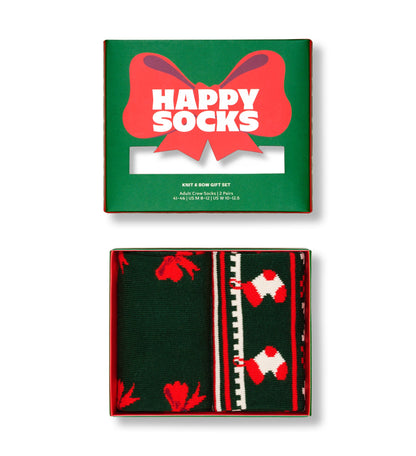 【GIFT BOX】【2足セット】クルー丈 ソックス（ニット アンド リボン）ダークグリーン